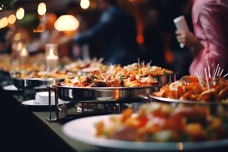 grilled chicken with vegetables and salads in metal plates at a restaurant